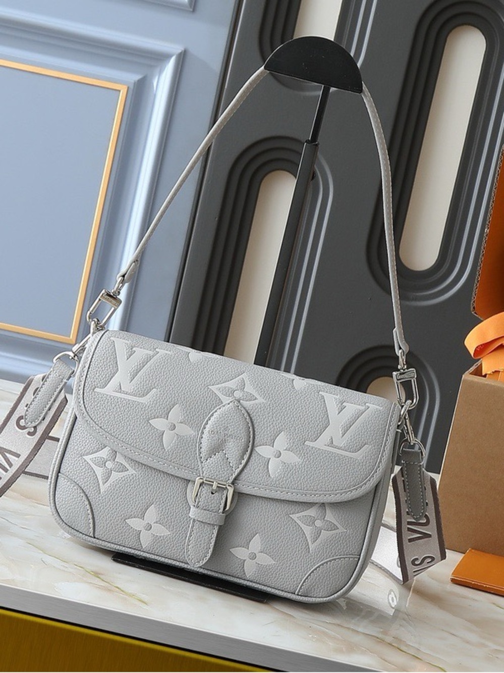 Louis Vuitton Light Gray Monogram Embossed Buckle Shoulder Bag